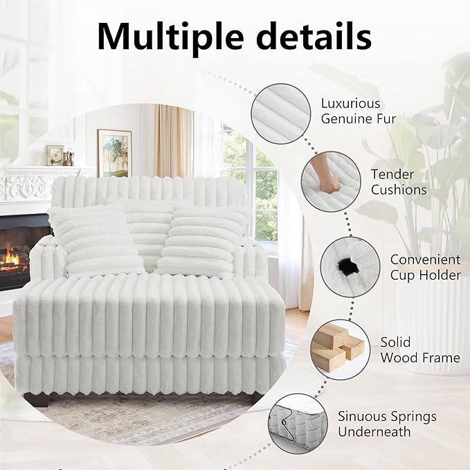 UIXE Chaise Lounge Chairs Set of 2, Oversized Indoor Sleeper Chair with 2 Cup Holders, Faux Fur Upholstered Sofa Bed Comfy Recliner for Living Room, Bedroom, Apartment - Beige