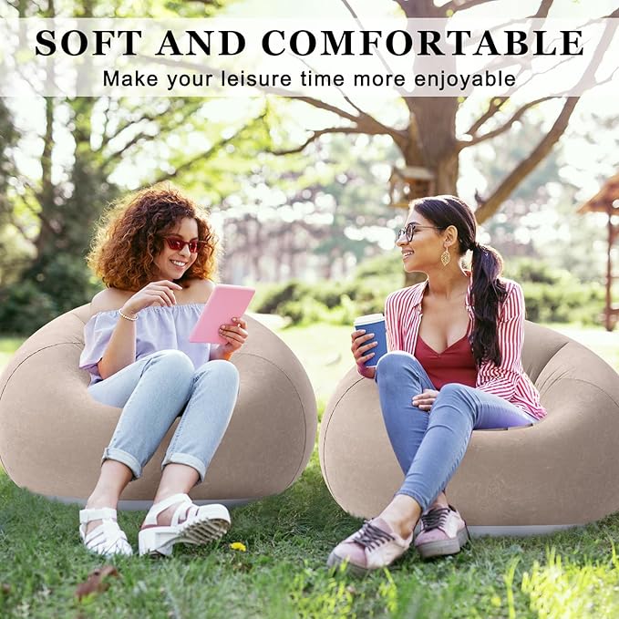 Realspring 2 Pcs Inflatable Bean Bag Chairs with Electric Air Pump Outdoor Blow up Chair Inflatable Lazy Sofa Folding Portable Loungers Couch for Living Room Bedroom(Brown)