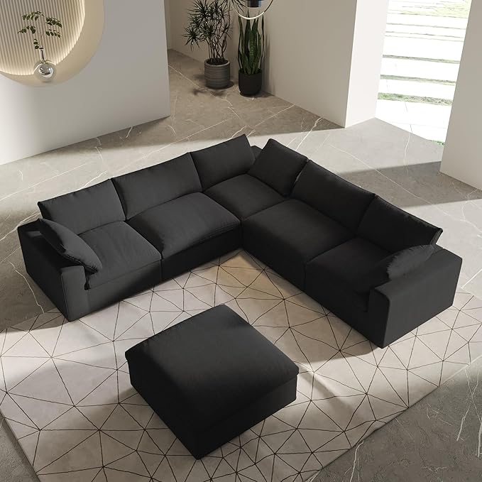V-Shaped Cloud Sectional Couch, Modular Sectional Sofa, Modern Comfy Cloud Sofa with Storage Ottoman, Covers Removable, Convertible Sleeper Couch for Living Room Apartment (Black, Linen Fabric)