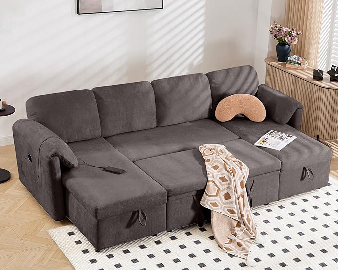 Tbfit 109'' Pull Out Sofa, Sleeper Sofa Bed with USB & 2 Storage Chaises, Comfy Oersized U Shaped Convertible Sectional Sleeper Couches for Living Room, Apartment, Office, Dark Gray