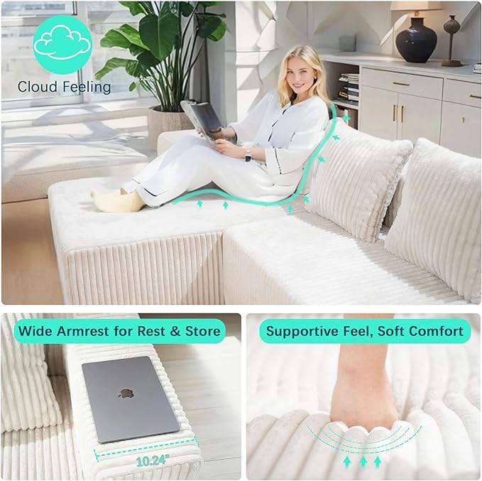 130" Boneless Couch, Cloud Couch Sectional, Corduroy Sofa for Living Room, U Shaped Modular Sofa with Chaise, No Assembly, 4 Seats Oversized (White)