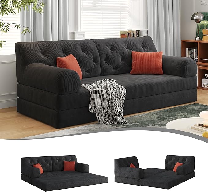 Carzzi-Life 79" Convertible Sofa Bed with Pillows, Corduroy Folding Sleeper Sofa with Fixed-Shape Frame, Boneless Couch for Living Room Bedroom, Floor Sofa Lounge No Assembly Required (Grey)