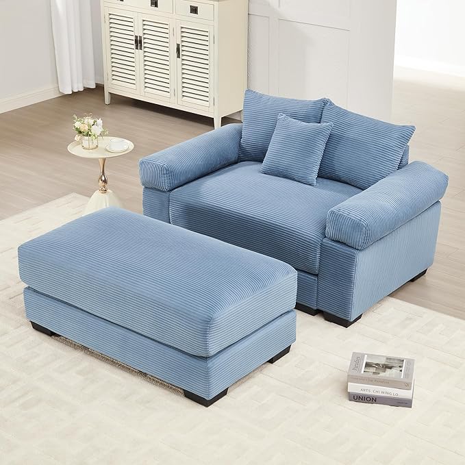 KEIKI 54" Oversized Corduroy Modular Sectional Single Sofa with 1 Ottoman, High-Density Foam Cushions, Extra-Thick Armrests, Modern 1-Seater Lounge Accent Chair with 3 Pillow, for Living Room, Blue
