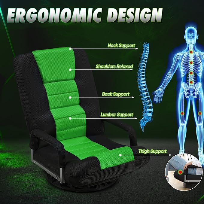 Swivel Gaming Chair 360 Degree Multipurpose Floor Chair w/Armrest & 6 Adjustable Postions Backrest for Adults & Kids, for Reading, Gaming, Watching, Relaxing, Green