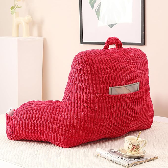 PAJEO Reading Pillow for Sitting in Bed, Large Backrest Reading Pillow with Arm Rest,Back-Rest Support Cushion for Sit Up on Couch, Sofa, and Floor, Dorm Essentials (Red Corduroy, Standard(17"))