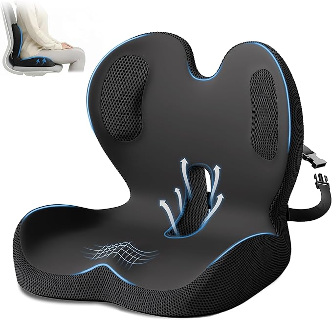 Office Chair Cushions with Lumbar Support Pillow, Soothe Back and Seat Cushion Memory Foam, Non Slip Adjustable Strap for Lower Back Pain Sciatica Relief Office Workers Car Drivers (Black+Ice Silk)