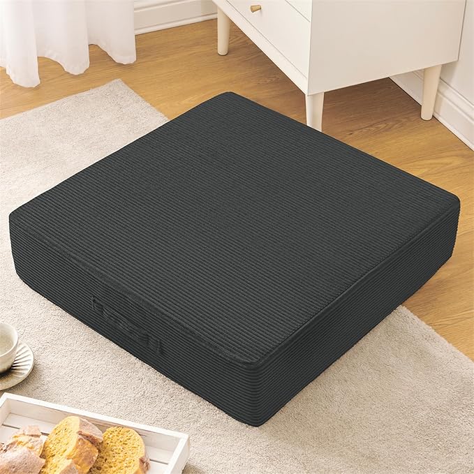 Wellsin Solid Square Floor Pillows for Adults Kids - Large Meditation Floor Pillow Seating Cushion with Thick Foam & Washable Velvet Cover, 1 Pack, 22x22x5 Inch, Gray