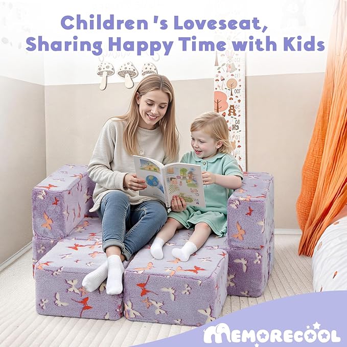 MeMoreCool Kids Modular Couch – Glow-in-The-Dark Butterfly Foam Sofa Bed, Lavender Convertible Toddler/Youth Playroom Sofa-to-Bed