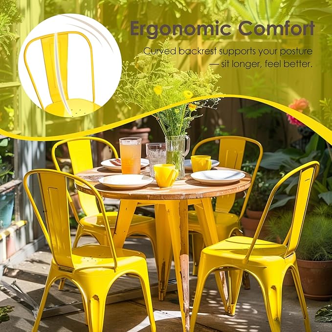 Metal Dining Chairs Set of 2,Stackable Tolix Chair Indoor/Outdoor for Kitchen,Cafe,Restaurant,Bistro & Patio Multiple Colors(Yellow)