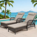 WINGTU Outdoor Chaise Lounge Chair Set of 2, PE Wicker Recliner Patio Reclining Sunbathing Chair with Cushion, 6-Position Patio Lounge Chair with Adjustable High Backrest, Armrest & Pillow, Beige