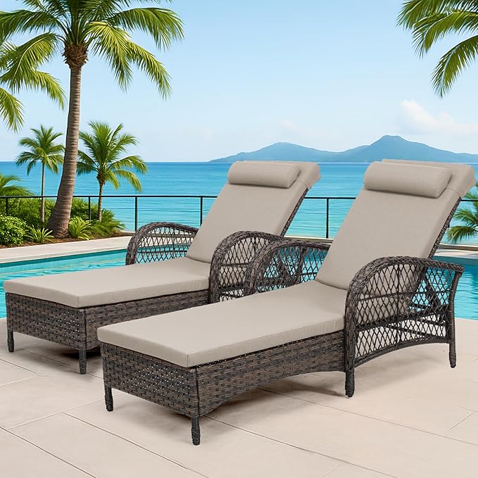 WINGTU Outdoor Chaise Lounge Chair Set of 2, PE Wicker Recliner Patio Reclining Sunbathing Chair with Cushion, 6-Position Patio Lounge Chair with Adjustable High Backrest, Armrest & Pillow, Beige
