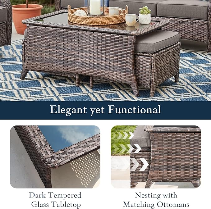 moosprr Luxury High Back Outdoor Furniture with 6-inch Extra Thick Cushions, Patio Furniture Set with Swivel Chairs, 4 PCS Wicker Conversation Set for Yard, Deck, Poolside, Brown/Grey