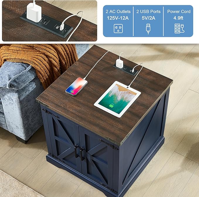 Barnyatoh Farmhouse End Table with Charging Station,24" Large Side Table with Barn Door, Wood Square Nightstand Bedside Table with Adjustable Storage Shelf for Living Room, Bedroom,Navy Blue 2-Pack