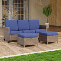 COOS BAY Harbor Retreat 3 Piece Outdoor Furniture Set, Patio Conversation Set with 3 Seat Couch and Ottomans, Wicker Furniture, Brown/Blue