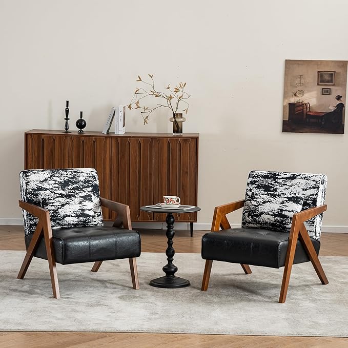 Mid-Century Modern Accent Chair Set of 2 with Solid Wood Frame，Upholstered Leather Living Room Arm Chairs with Pillow for Bedroom, Living Room, Reading Room, Balcony, Black