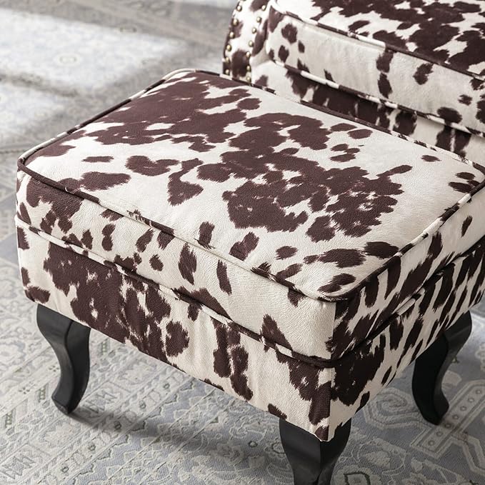 Janoray Mid Century Modern Accent Chair Upholstered Armchair Comfy Velvet Tufted Wingback Single Sofa with Ottoman for Bedroom Living Room, Cow