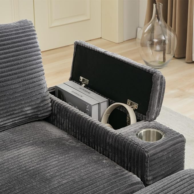 KEIKI 4 Seat Combination Sofa Set, Chaise Lounge Sofa with Armrest Storage, Cupholders, USB, Deep Seat Sleeper Couch Reading Chairs for Living Room, Gray