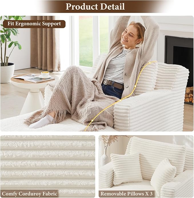 VEPXXP 65.4" Chaise Lounge Chair Indoor, Oversized Boneless Couch Comfy Upholstered Sleeper Sofa Bed with 3 Pillows, Corduroy Cloud Reading Chair for Living Room No Assembly Required, White