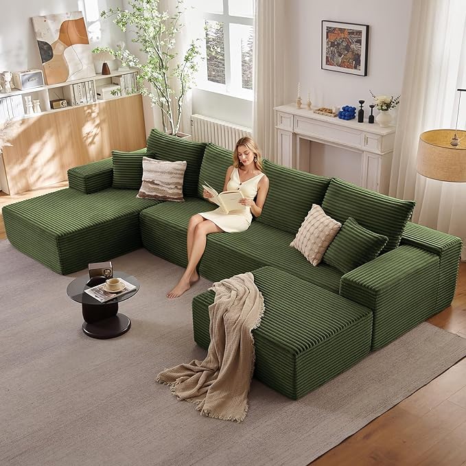 135.4" W Cloud Sectional Couch with Ottoman,Modern U-Shaped Cloud Couch with Deep Seat,Comfy Corduroy 4-Seater Sofa,Memory Foam Sofa for Living Room,No Assembly (Green,Right-Facing Chaise)