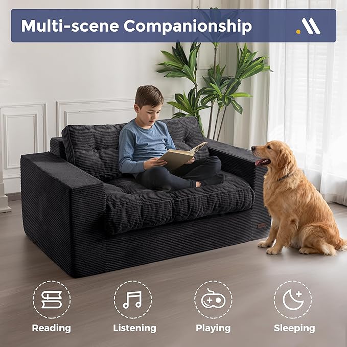 MAXYOYO Bean Bag Chair for Adults, Upholstered Floor Sofa with Armrests, Loveseat Boneless Couch with Tufted Cushion & Backrest, Sofa in A Box, Large Bean Bag Couch for Bedroom Living Room, Black