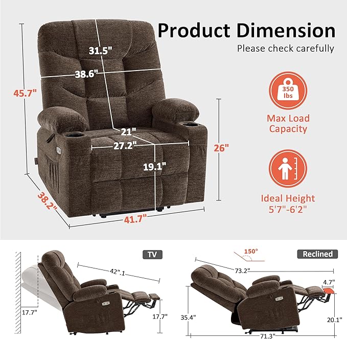 MCombo Oversized Power Lift Recliner Chair with Extended Footrest, Extra Wide 27.2" for Big and Tall Elderly People, Fabric R7399 (Brown, Large-Oversize)