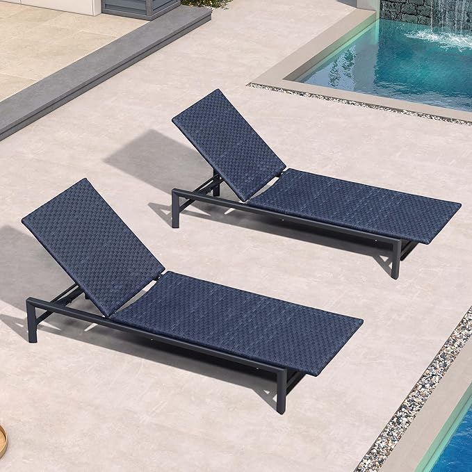 PURPLE LEAF Patio Chaise Lounge Chairs Outdoor Set of 2, Wicker Pool Lounge Chairs for Outside with Adjustable Backrest, Aluminum Sunbathing Lounger for Patio, Poolside, Garden, Navy Blue