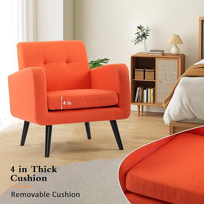 LSSPAID Accent Chairs Set of 2, Modern Orange Linen Fabric Living Room Chairs, Comfy Upholstered Armchairs Single Sofa Chair with Solid Wood Legs for Apartment, Reading, Office