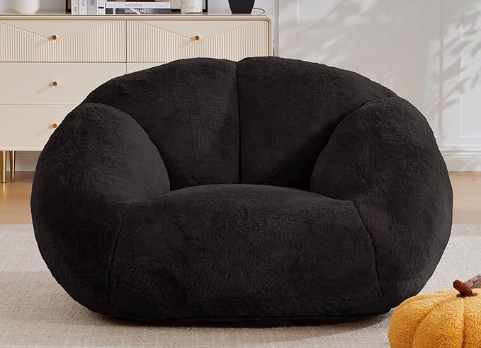 3.28 Feet Bean Bag Chair for Adults, Shell-Shaped Bean Bag Lazy Couch, Faux Fur Cloud Sofa Chair, Lounge Floor Sofa with Filler for Reading, Gaming & Watching, No Assembly Required (Black)