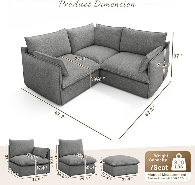 Forest aesthetics Cloud Modular Sectional,Corner Waterproof High Backrest Sectional Sofas,Down Filled Modular Couch with Removable Washable Cover for Living Room,Dark Gray