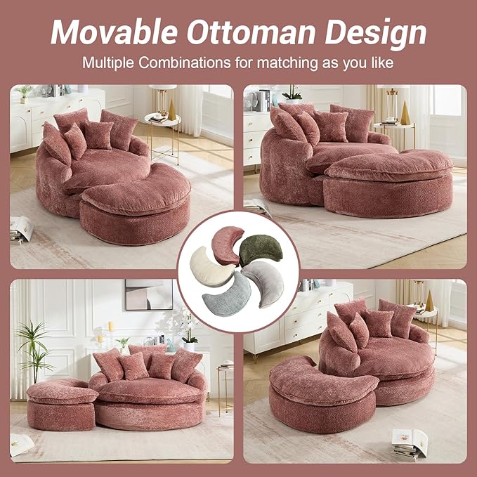 54" Oversized Round Chaise Lounge Indoor Boneless Bean Bag Chair with Movable Ottoman Fluffy Comfy Reading Chair Large Circle Cloud Couch Sleeper Sofa Bed for Living Room, Bedroom, Apartment, Pink