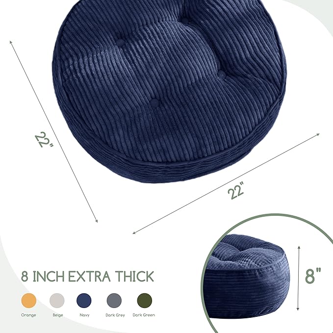 8" Washable Floor Pillow Cushion for Adults, Meditation Cushion Pillow, Large Round Floor Sitting, Removable Tufted Corduroy Cover, for Tatami Living Room or Yoga, 22x22 Inch, Machine Washable