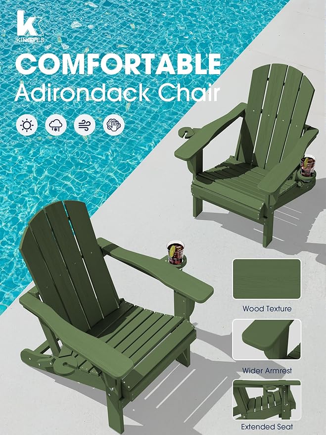 KINGYES Folding Adirondack Chair Set of 4, Dual Cup Holders & All-Weather HDPE, Wood-Like Patio Chair for Backyard, Camping, Pool & Fire Pit, Avocado Green