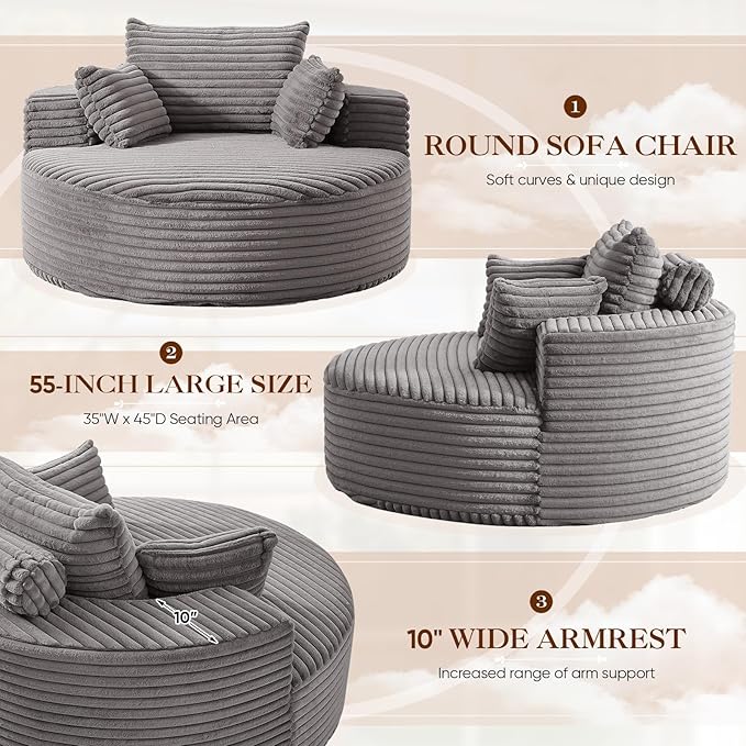 Oversized Round Chaise Longue Chair Indoor, Modern 55-inch Upholstered Corduroy Deep Seat Circle Single Cloud Lounge Floor Sofa Chair for Living Room, Bedroom Apartment, Grey