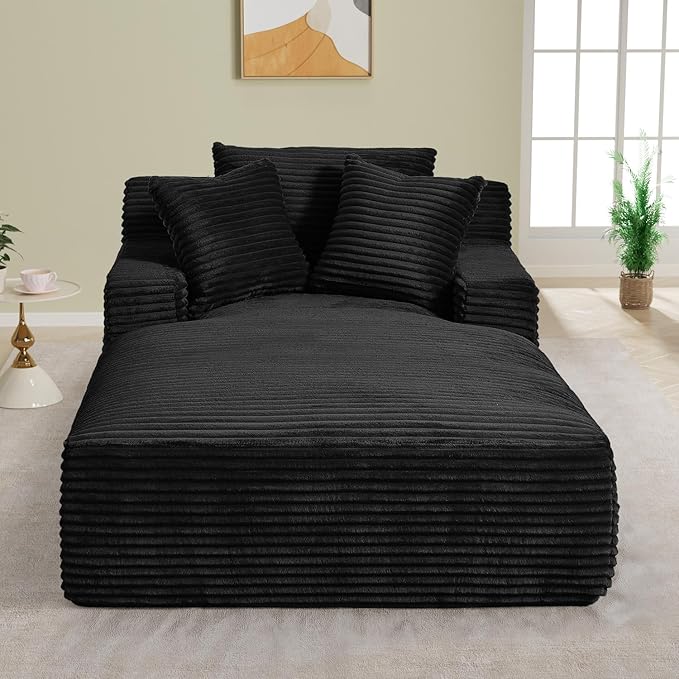 50"W x 76"D Oversized Chaise Lounge Chair Indoor Boneless Reading Chair Plush Corduroy Recliner Large Deep Seat Upholstered Sleeper Comfy Sofa Bed Couch with 3 Pillows for Living Room Bedroom, Black