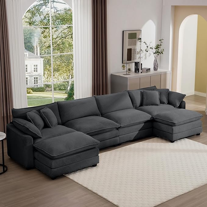 Aoowow Corduroy 4 Seater Couch with Ottomans,Modern Large Cloud Couches for Living Room,U Shaped Modular Sectional Cloud Sofas Deep Seat,U Shape Oversized Tufted Sofa Set (Grey, 4 Seater + 2 Ottoman)