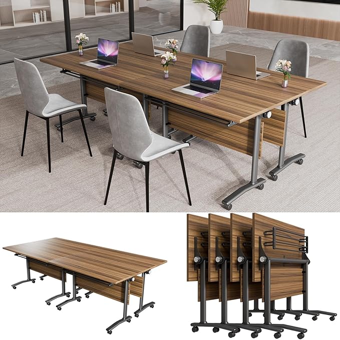 Conference Table, Modern Folding Meeting Tables with Flip Top, Mobile Podcast Table with Four Locking Wheels, Large Training Table for Meeting Room, Office, Classroom (4, A, 70.8in)