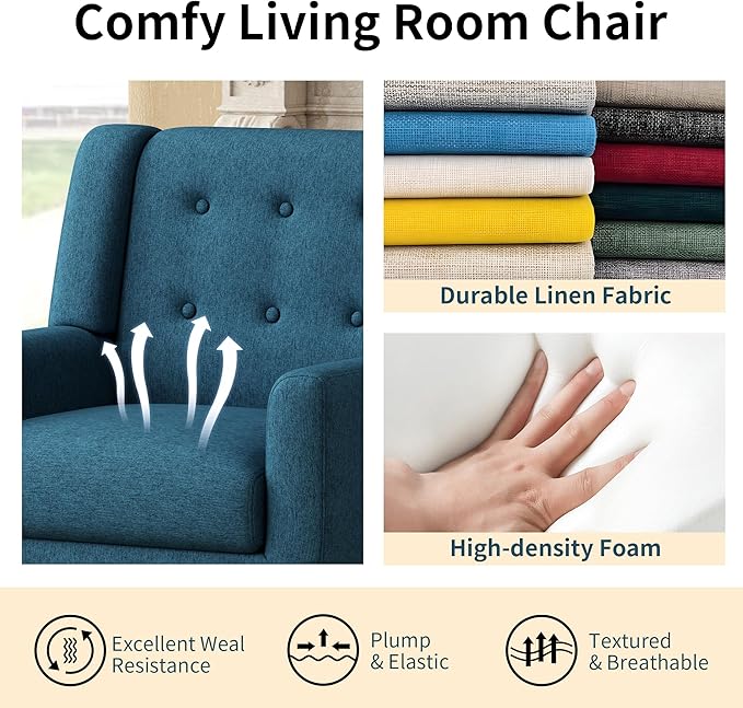 Accent Chairs Set of 2, Mid-Century Modern Upholstered Living Room Armchair, Comfy Linen Fabric Single Reading Arm Chair with Tufted Back and Wood Legs for Bedroom, Club (2, Dark Teal)