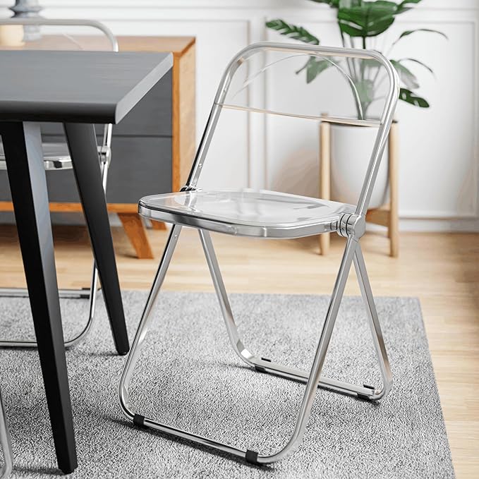LeisureMod Lawrence Modern Clear Acrylic Folding Chair with Metal Frame, Space-Saving Transparent Seating for Dining Room, Home Office, Bedroom, Vanity or Small Spaces, (Clear, Singles)