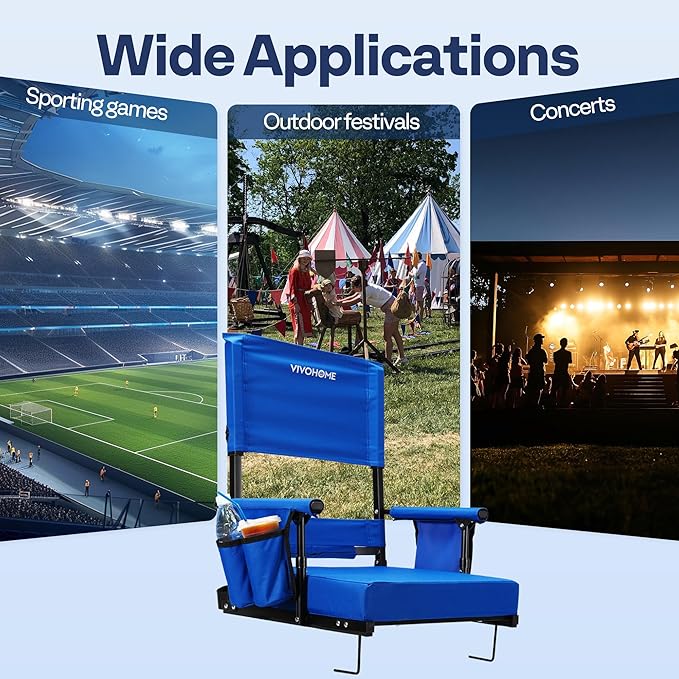 VIVOHOME Height Adjustable High Back Stadium Seat with Back Support and Cushion, Portable Bleacher Chair with Cup Holder and Shoulder Strap, Blue