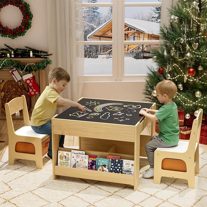 Arlopu Kids Table and Chairs Set, 4 in 1 Toddler Art Desk with Storage Drawer, Wooden Activity Deskboard, Blackboard, Reversible & Detachable Tabletop, Bookshelf for Drawing, Reading (Natural & White)