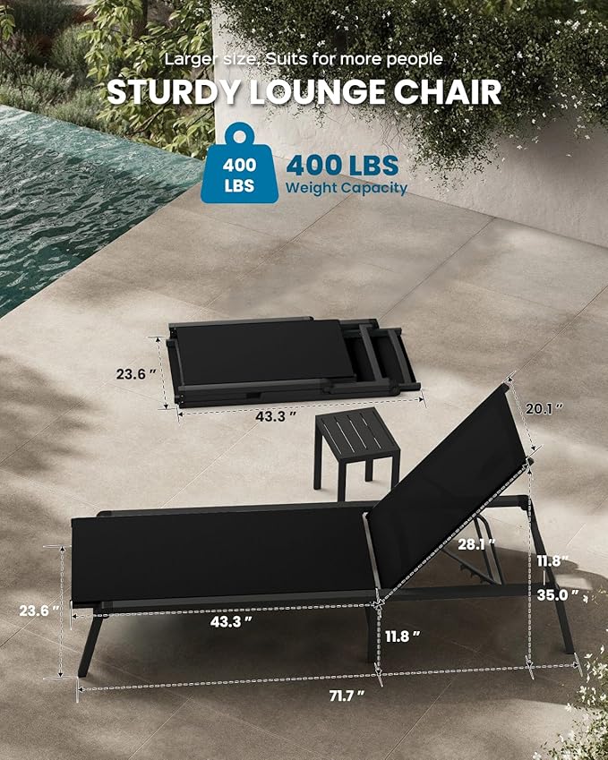 Foldable Pool Lounge Chairs, Aluminum Chaise Lounge Outdoor with 5 Positions Recliner - Free Assembly - Patio Lounge Chair for Poolside, Beach (Black)