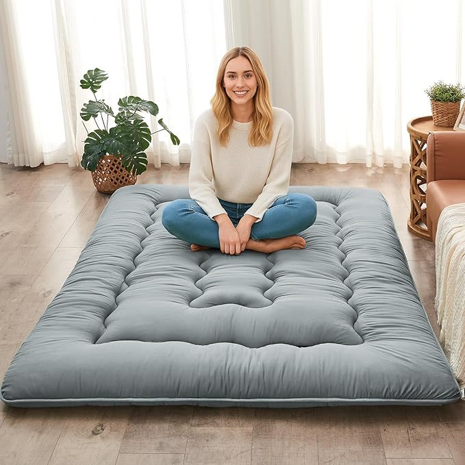 DAICO Japanese Floor Mattress, 4'' Thicken Futon Mattress Tatami Mat, Sleeping Pad Foldable Roll Up Mat for Camping and Guest Room, Full Size 54''*80'', Grey