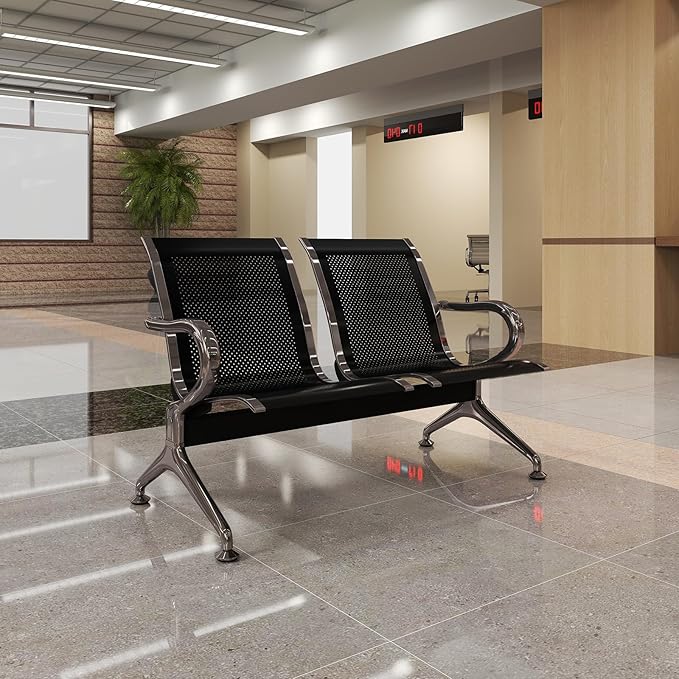 Kinfant Waiting Room Chair Bench Set - 2-Seat Office Guest Benches Reception Chairs with Arms for Airport, Hospital, Bank, Salon, Barbershop, Hall, Room Conference(Black Mesh)