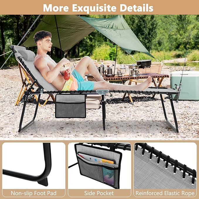 Giantex Patio Lounge Chairs for Outside - Set of 2 Folding Tanning Chair w/Headrest, 4 Adjustable Positions, Side Pocket, Outdoor Chaise Lounge for Camping, Pool, Sunbathing Beach Chair, Grey