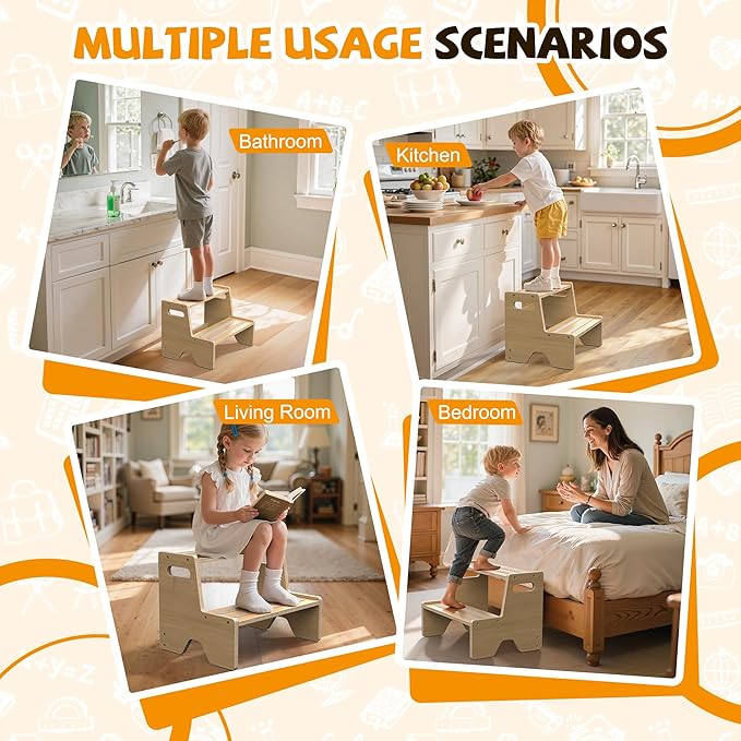 Uiirvdy Step Stool for Toddler, Sturdy Wooden 2-Step Stool with Anti-Slip Surface and Pads for Barthroom, Kitchen, Bedroom, Toilet, and Potty Training - 1 Pack