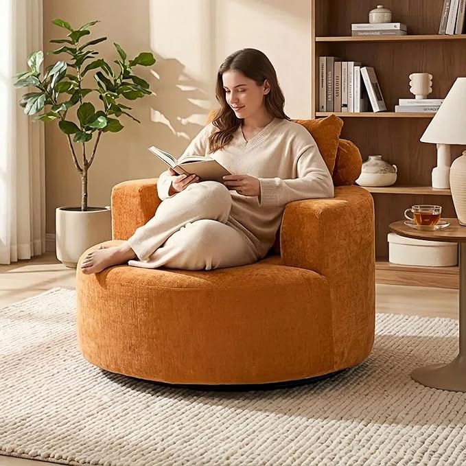 Furnimart Oversized Barrel Accent Chair, 360° Swivel Round Upholstered Sofa, Chenille High-Resilience Sponge, No Assembly Wide Seat for Living Room, Bedroom, Apartment (Orange)