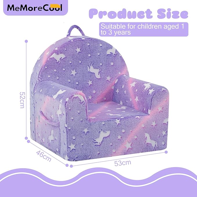 MeMoreCool Comfy Toddler Chair for 1-3 Years Old, Glow Unicorn Kids Reading Chair, Soft Plush Toddler Armchair, Cozy Foam Lounge Kids Armchair for Baby Room, Living Room, Playroom, Reading Nook