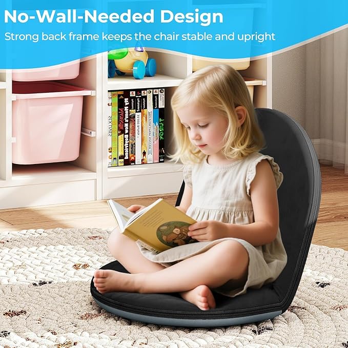 2Pcs Floor Chair, 5-Position Foldable Floor Chair for Kids with Adjustable Back, Soft Sponge & Velvetean Cover, for Adults and Kids, Indoor Outdoor Use, Meditation, Gaming, Camping(Black)