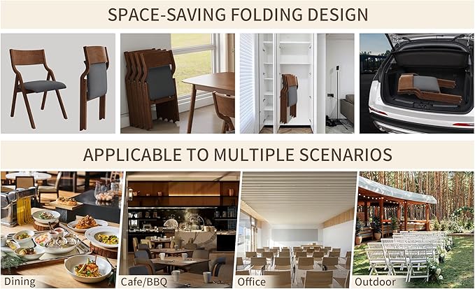 Ball & Cast Padded Folding Chairs 2 Pack,Solid Wood Frame Foldable Dining Chair,18" Seat Height,Space Saving,Easy to Carry Suitable for Kitchen, Bedroom, Light Grey