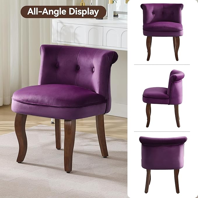 WUTUTUEE Velvet Vanity Chair with Solid Wood Legs, Tufted Upholstered Vanity Stool with Back, Mid Century Small Makeup Accent Chair for Bedroom, Living Room, Purple